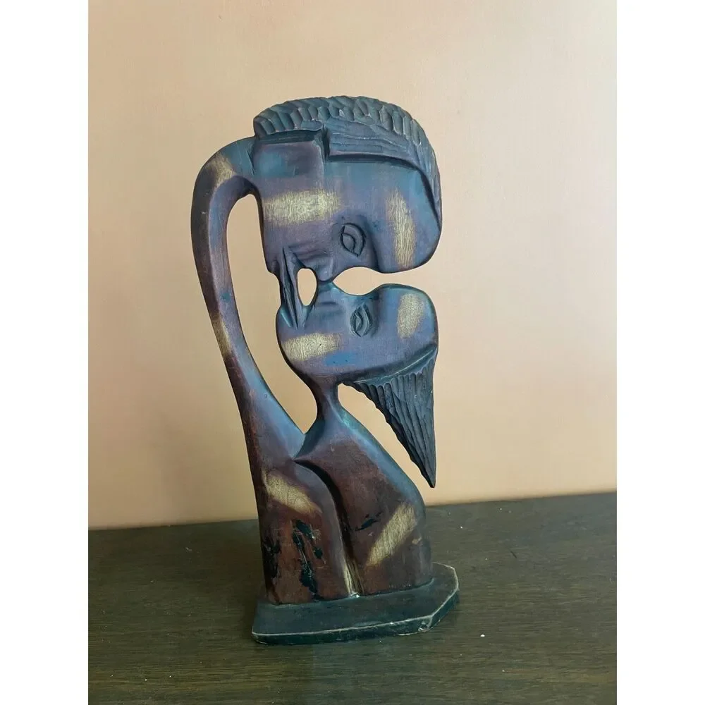 Vintage Hand Carved romantic Lovers Sculpture 15” Couple Folk Art Boho Decor